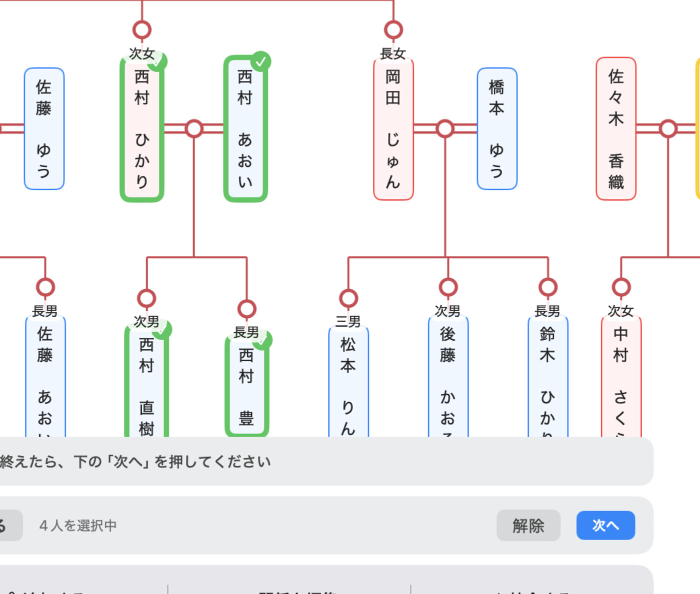 家系図で家族4人をタップして選び、4人を選択中と表示されている画面