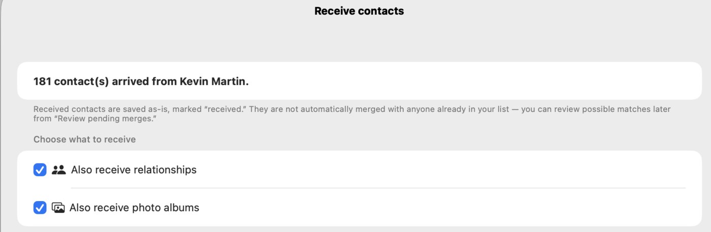 The receiving screen, showing 181 contacts arrived along with what to import