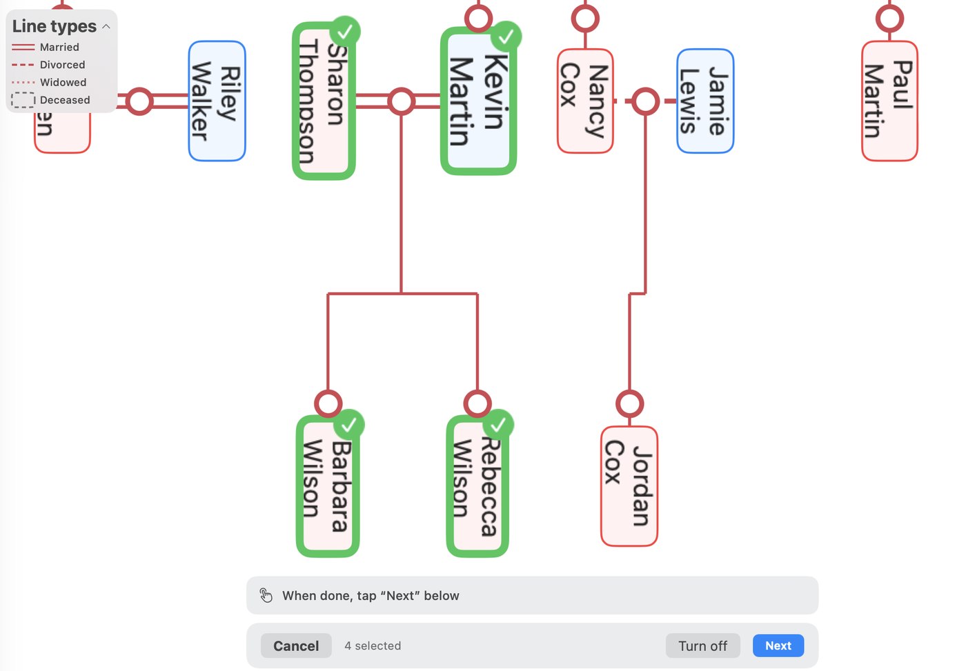 Family tree with four family members tapped and selected — a couple and their two children — showing '4 selected'